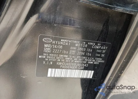 2008 Hyundai Elantra Gls/Se из США, поврежденный, VIN KMHDU46D68U460643